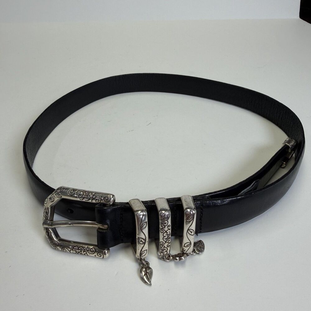 Brighton Size 30 Black Leather Ornate Silver Buckle Dangling Charm Loops Belt